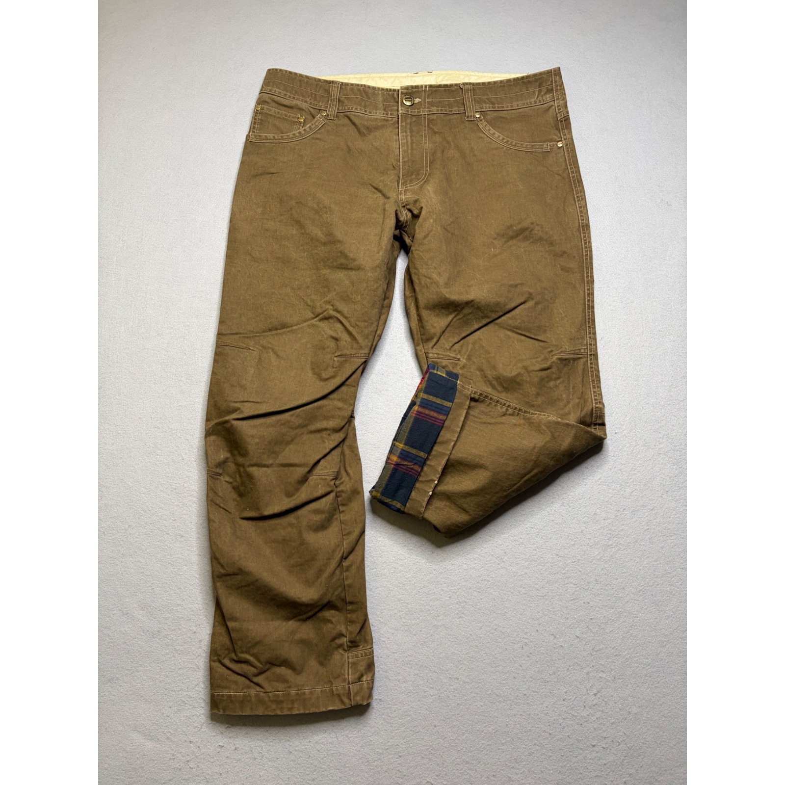 Kuhl Pants Mens 38x30 Brown Flannel Lined Vintage Patina Dye Articulated Knee